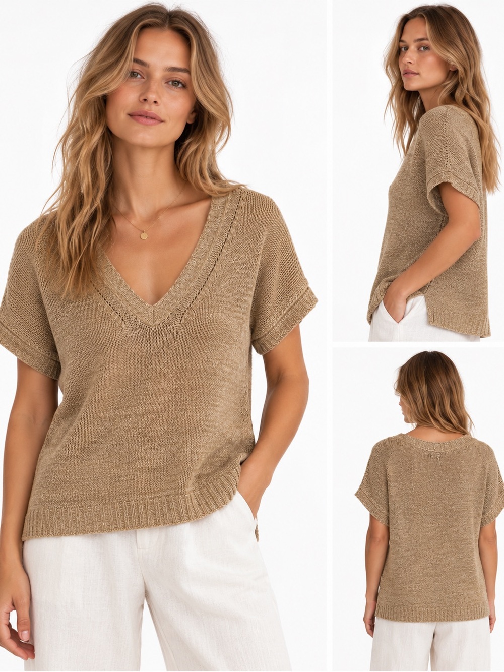 Cable & Gauge Taupe V-Neck Short Sleeve Knit Sweater